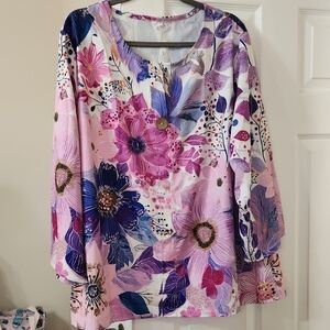 Style & Co. Pink and Purple Floral V-Neck Blouse
